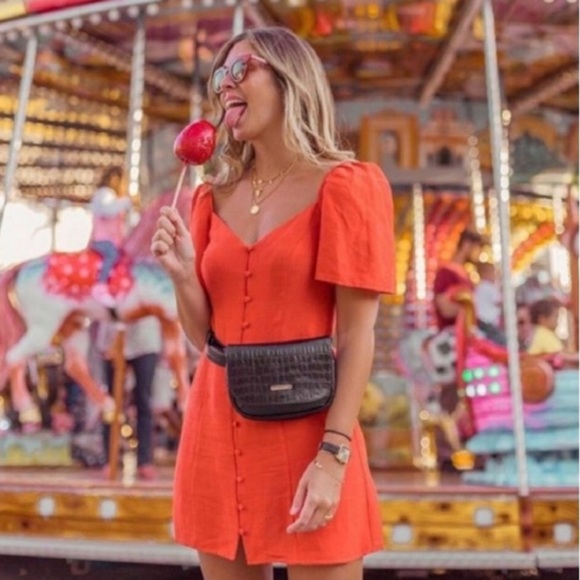 Zara Woman Red Linen Flutter Sleeve Button Dress - Picture 8 of 15